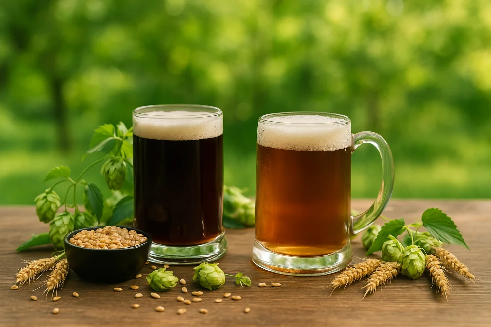 Світле і темне пиво в скляних кухлях на дерев’яному столі влітку