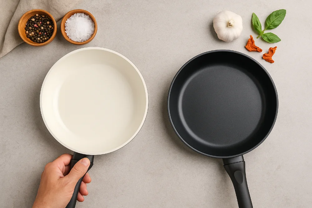 Порівняння двох сковорідок з різним покриттям поруч зі спеціями та зеленню