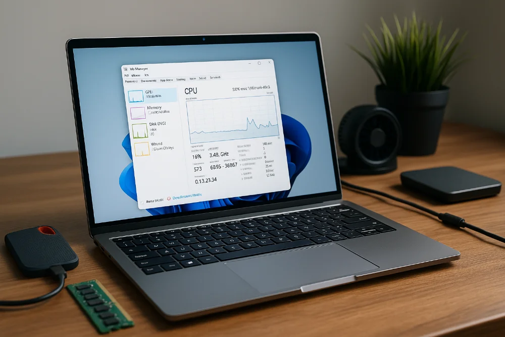 Оптимізація ноутбука з Windows 11 на сучасному робочому столі Ноутбук із Windows 11, SSD, RAM і охолоджувачем на дерев'яному столі