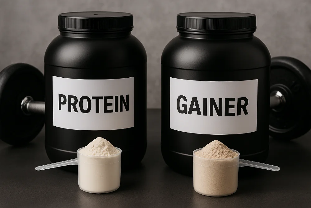 Протеїн і гейнер з етикетками на чорних банках Дві банки з написами PROTEIN і GAINER та мірні ложки з порошком