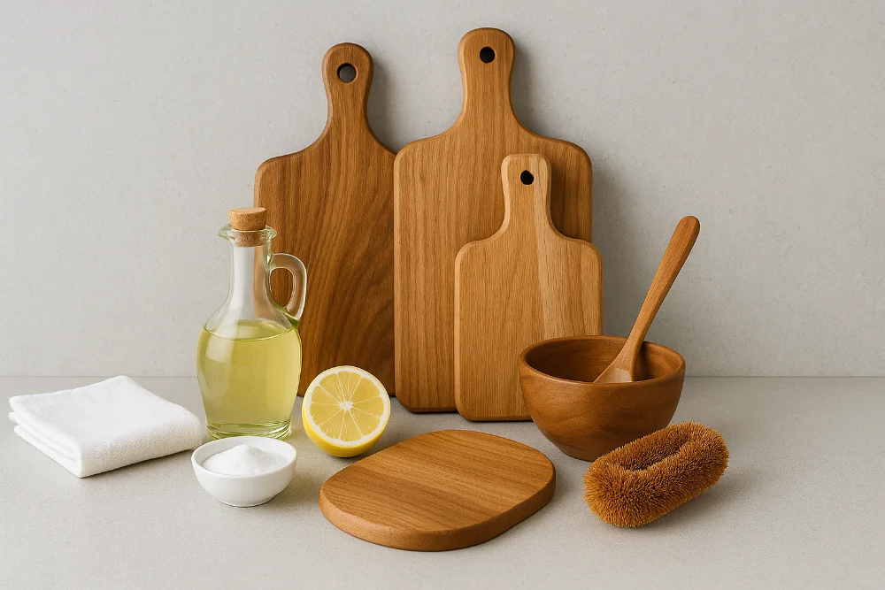Кухонна композиція з дерев’яних дощок, лимона, соди, олії та щітки