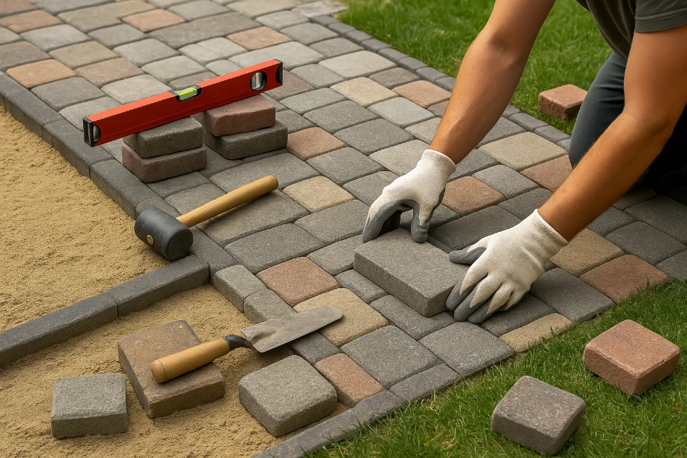 Робітник вкладає сіро-бежеву бруківку на підготовлену основу з піску та щебеню