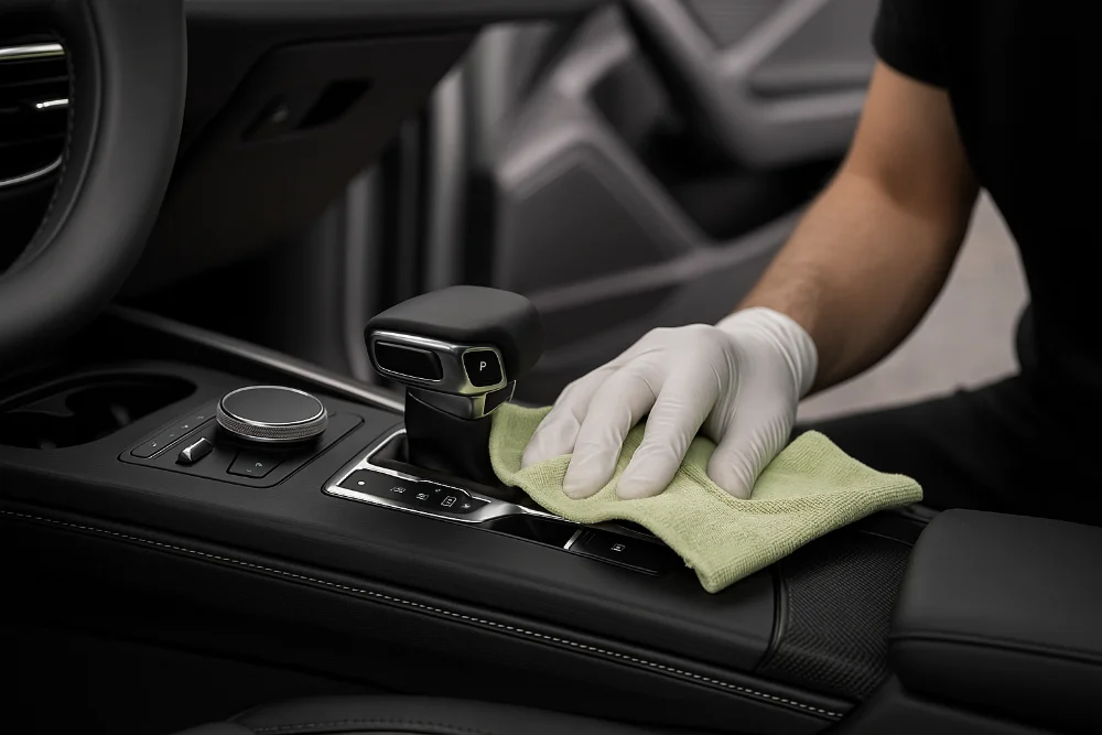 Рука в рукавичці чистить важіль КПП та панель авто зеленою серветкою