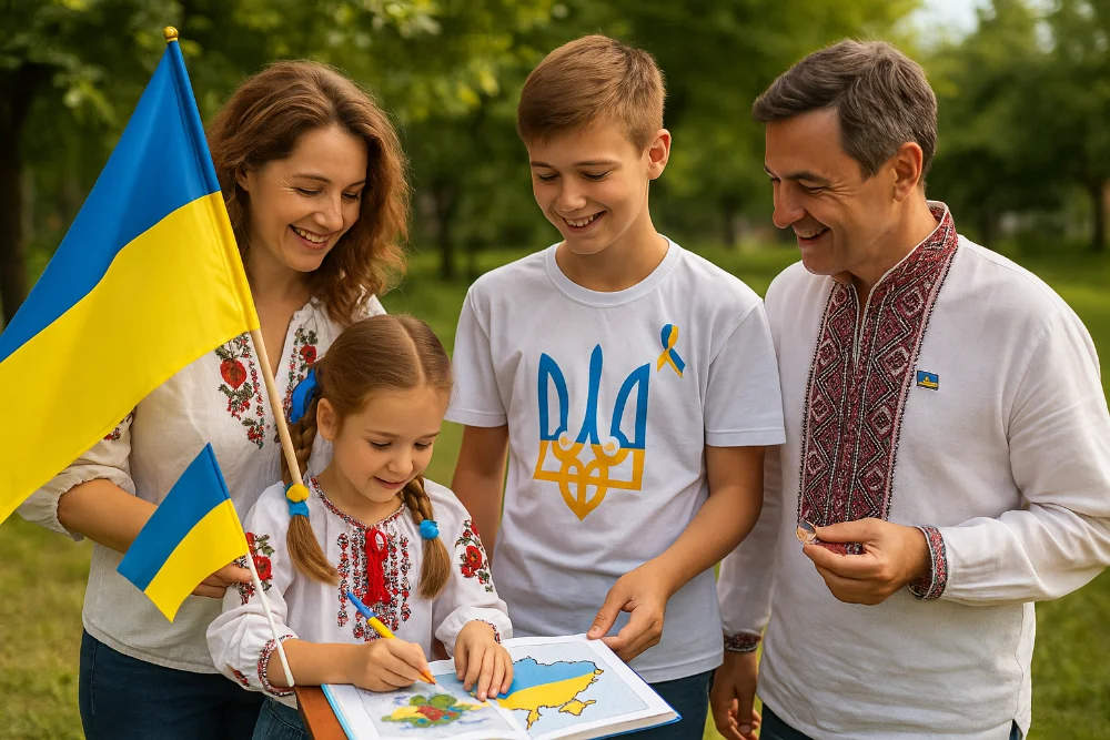 Українська родина святкує день Конституції на природі Родина у вишиванках святкує день Конституції України з прапором і книжкою на свіжому повітрі