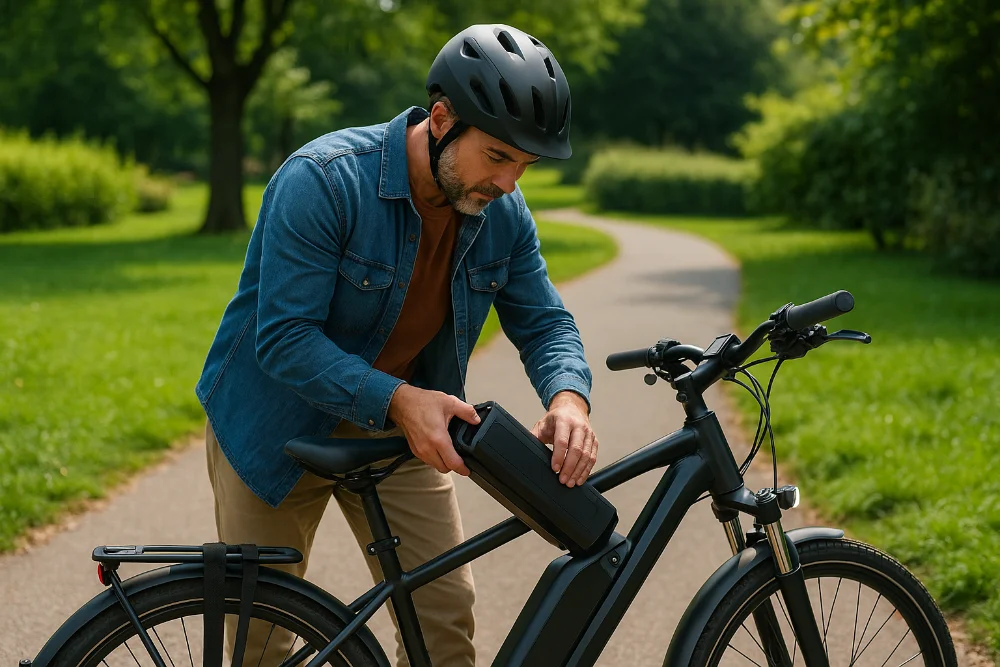Чоловік у парку встановлює батарею на електровелосипед перед маршрутом