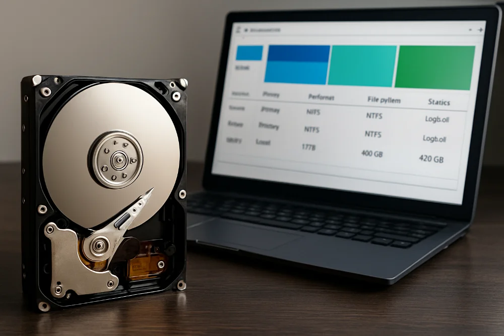 Відкритий HDD на столі з екраном, що показує розподіл на розділи