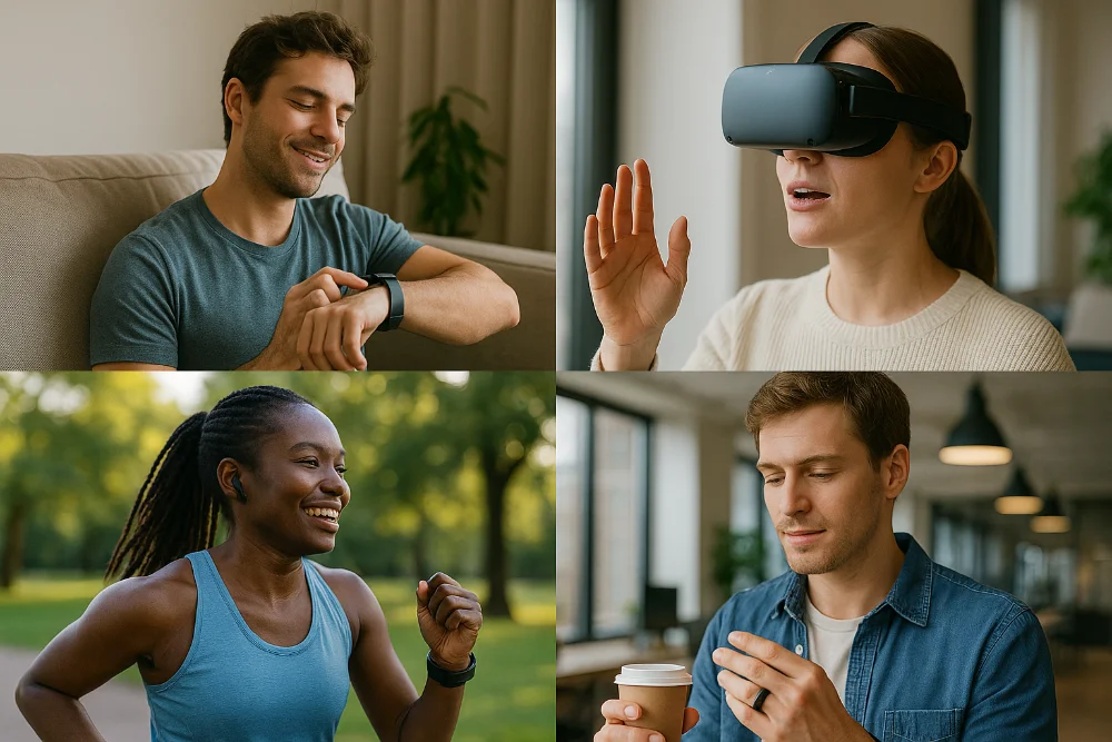 Смарт-годинник, VR-окуляри, фітнес-браслет і смарт-кільце в дії серед людей