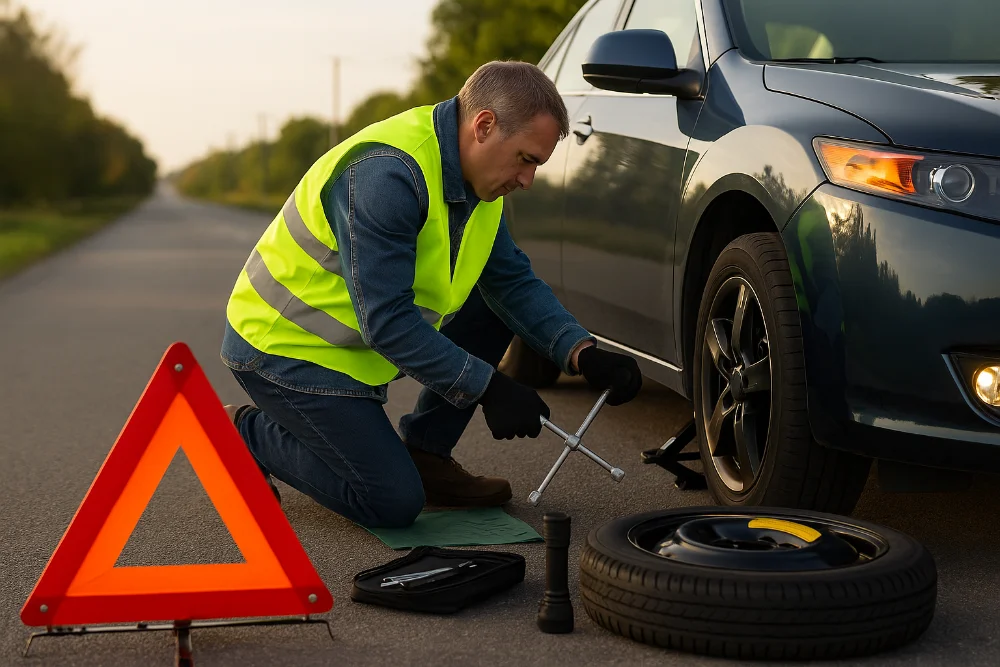 Водій у жилеті замінює колесо на узбіччі дороги при заході сонця