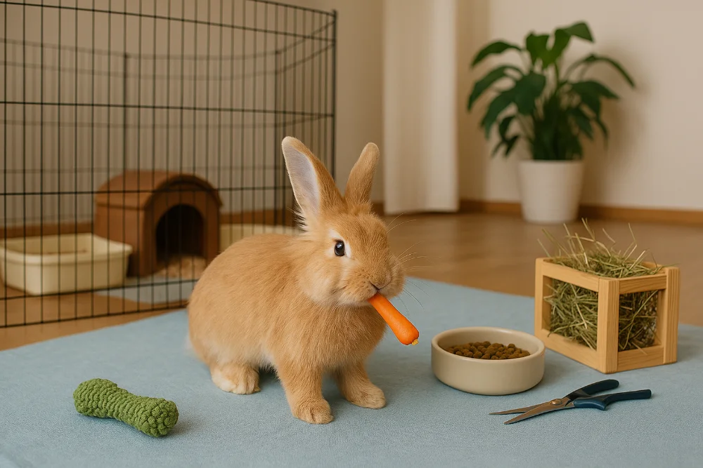 Пухнастий кролик у вольєрі гризе морквину біля сіна, корму та іграшок