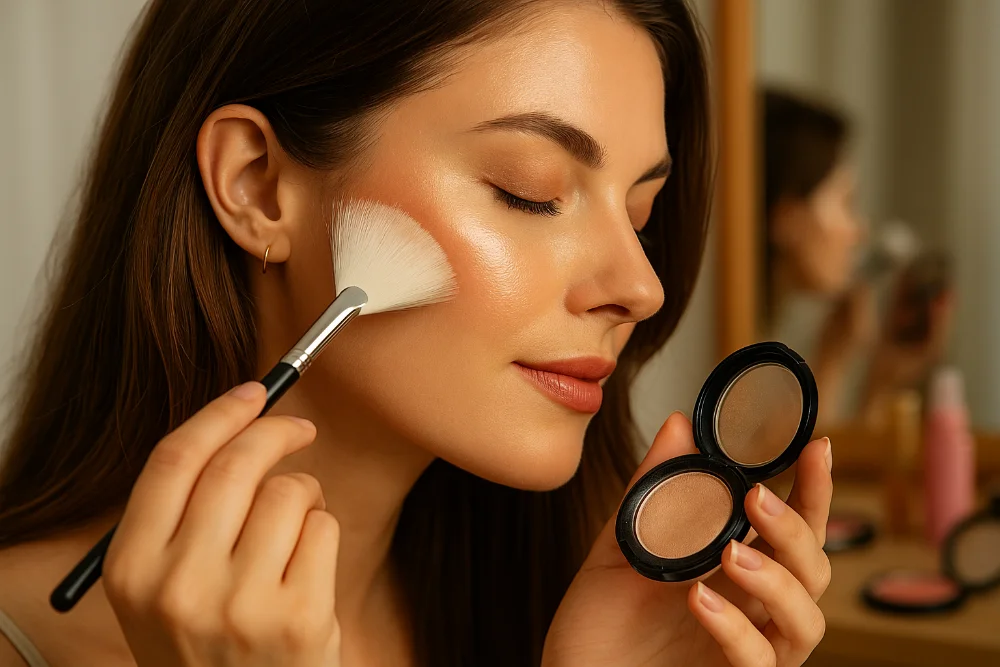 Жінка наносить хайлайтер на вилиці пензлем для створення сяючого макіяжу