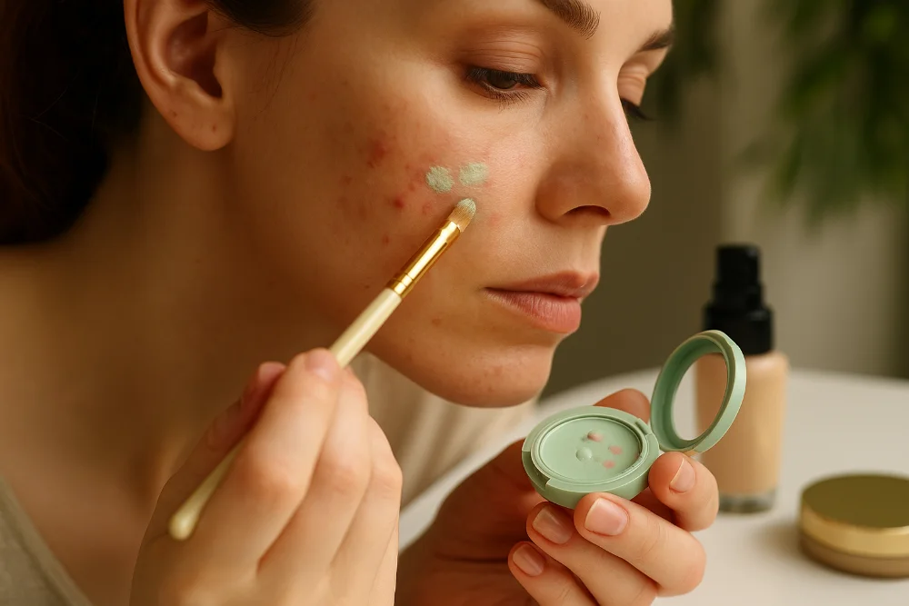 Жінка наносить зелений консилер пензлем на прищі на щоці, макіяж без фільтрів