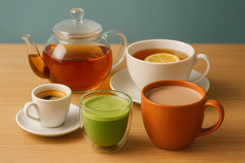 Чотири гарячі напої в чашках — еспресо, матча, чай і какао на столі