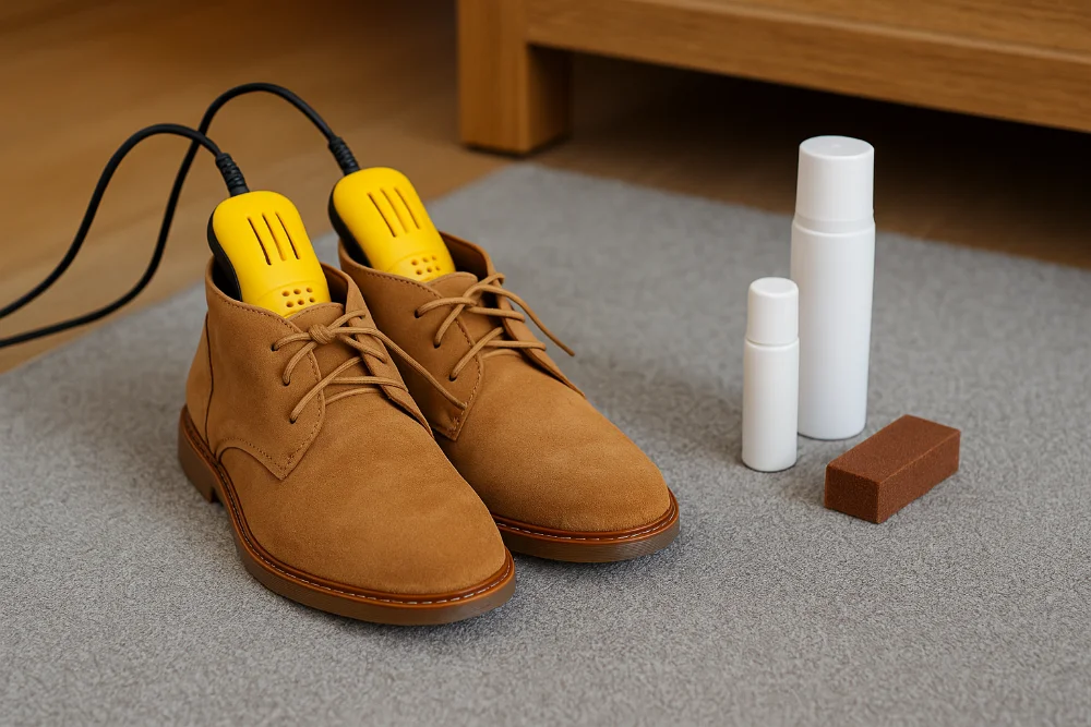 Замшеві черевики з електросушаркою, засобами для догляду та сірим покриттям