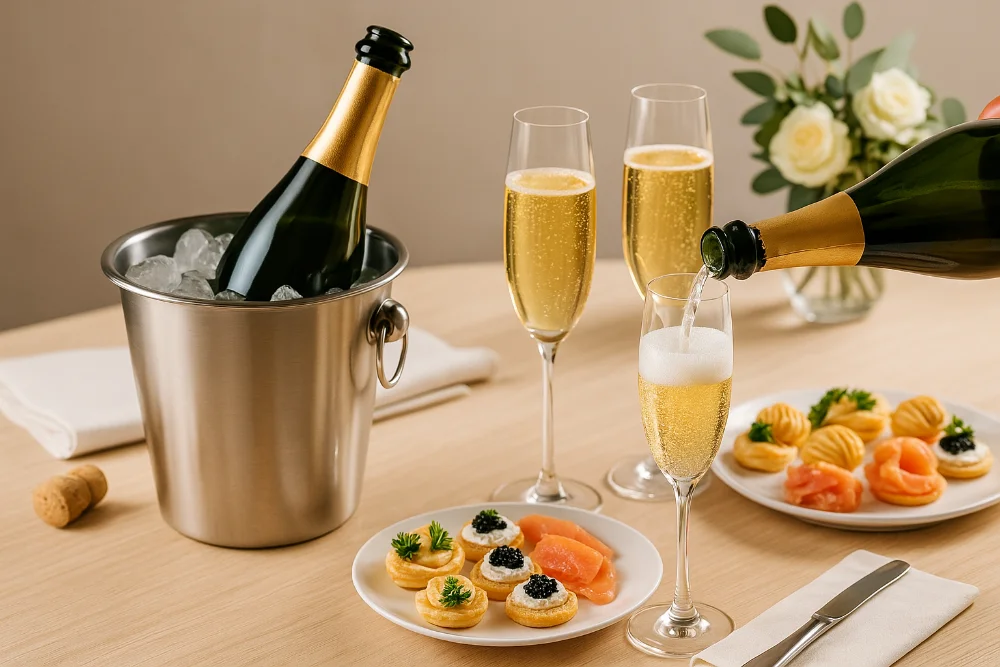 Пляшка шампанського у відерці з льодом і келихи з бульбашками на столі