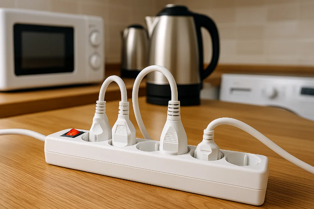 Подовжувач із кількома підключеними приладами на кухонному столі