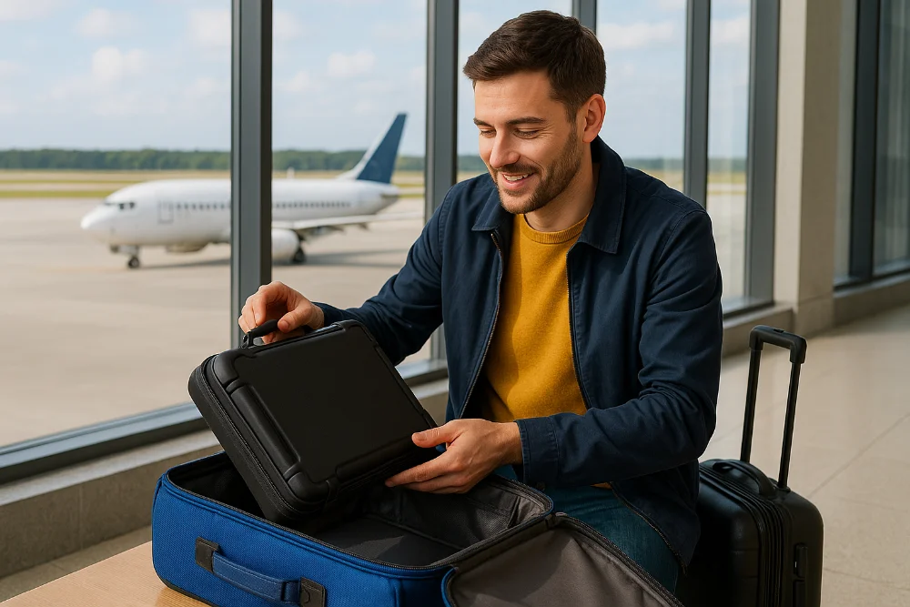 Мандрівник кладе ноутбук у захисний кейс біля вікна в аеропорту