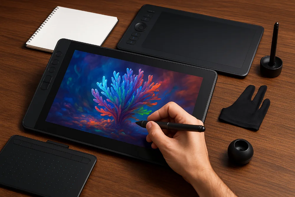 Сцена з графічними планшетами, пером, рукавичкою та ескізом на столі