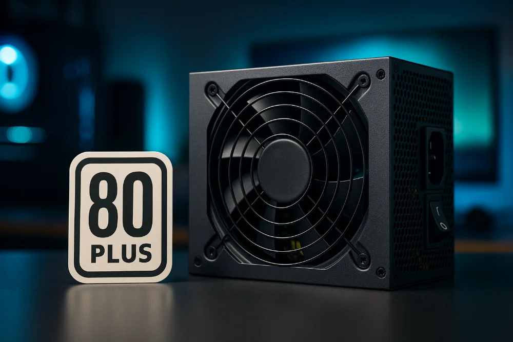 Блок живлення комп’ютера поруч із логотипом 80 PLUS на фоні робочої станції