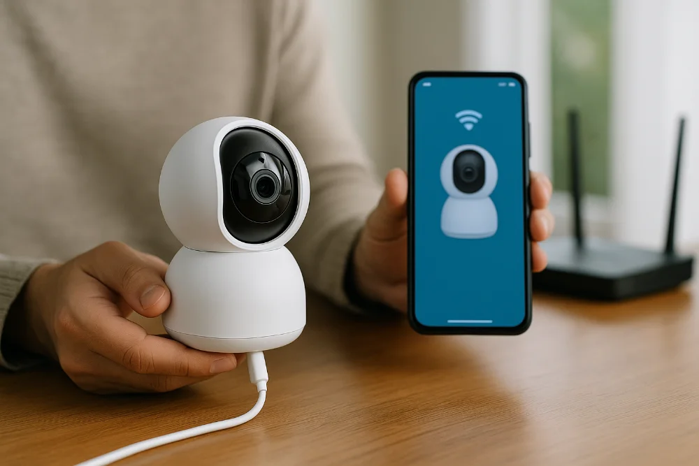 Людина підключає Wi-Fi камеру до смартфона на дерев’яній поверхні