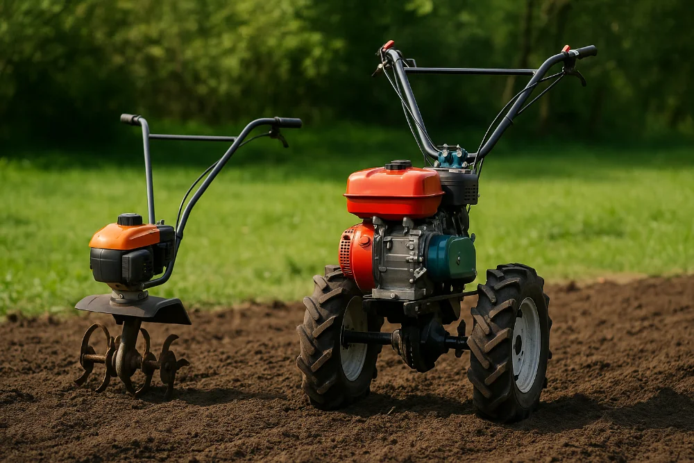 Культиватор і мотоблок стоять поруч на фоні свіжо зораної ділянки