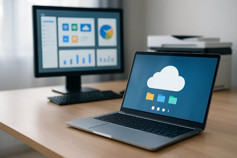 Ноутбук і монітор з хмарними сервісами на робочому столі в офісі