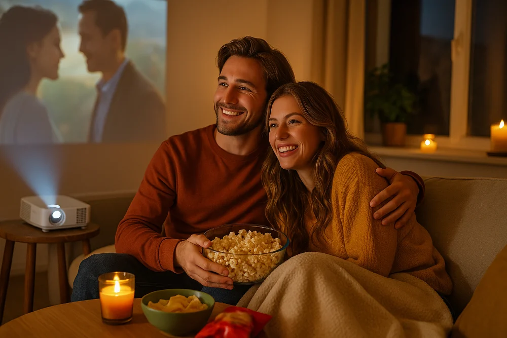 Закохана пара під пледом дивиться фільм із проєктора при свічках