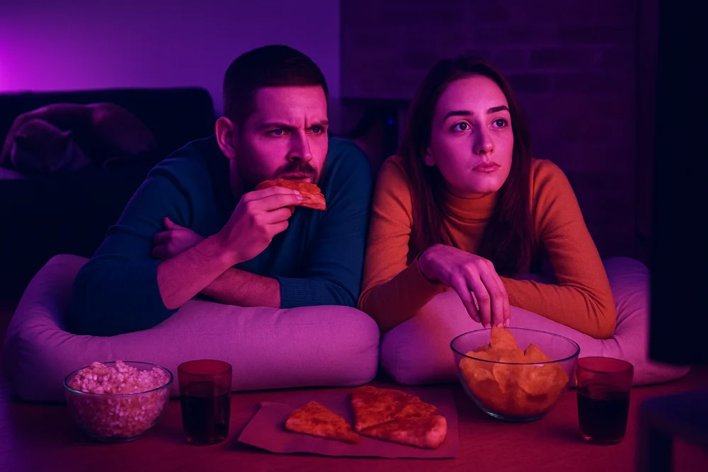 Пара переглядає серіал у кімнаті з неоново-фіолетовим освітленням