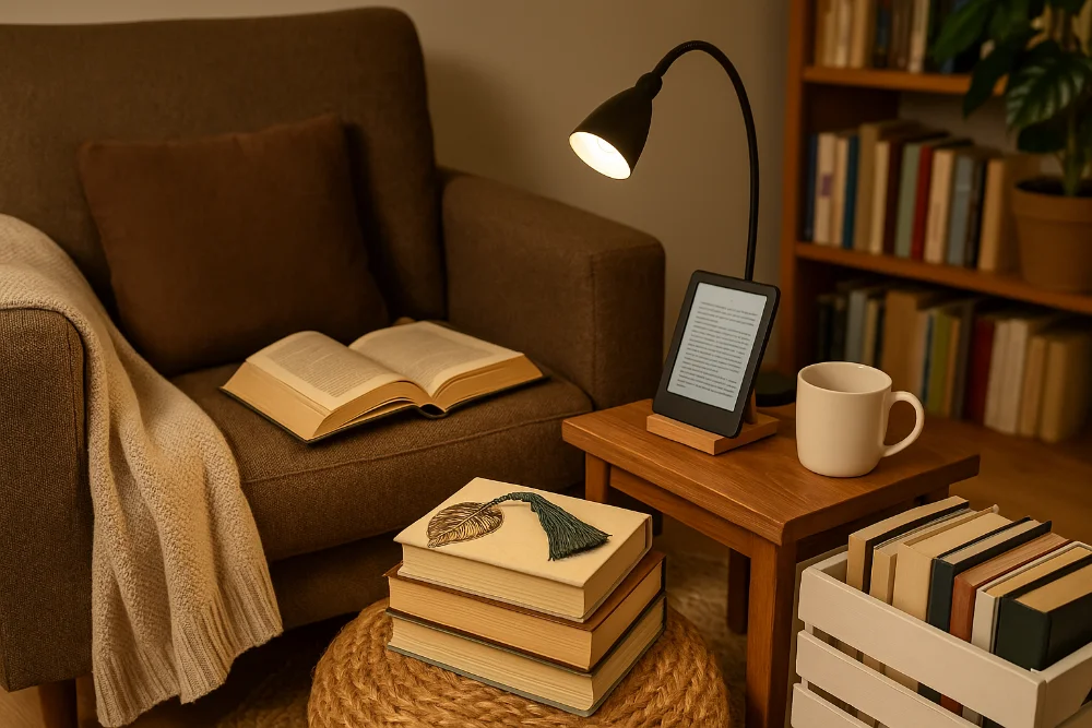 Книжковий куточок з кріслом, відкритою книгою, рідером і теплим освітленням