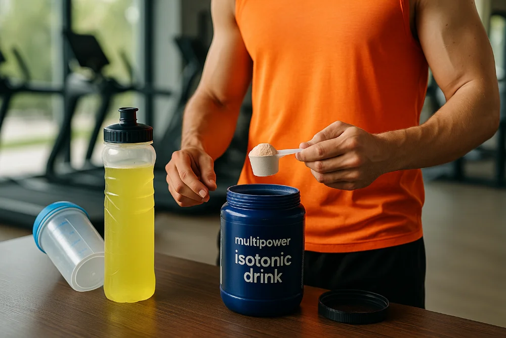 Чоловік у спортзалі насипає порошок ізотоніка в шейкер з напоєм