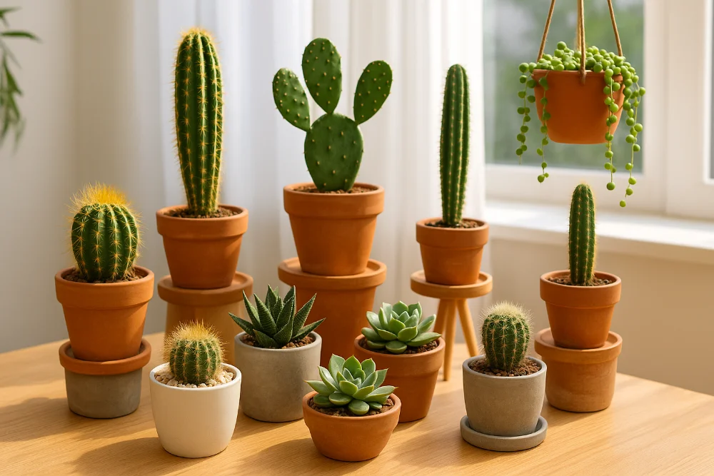 Кактуси й сукуленти у теракотових і бетонних вазонах у яскравому інтер’єрі