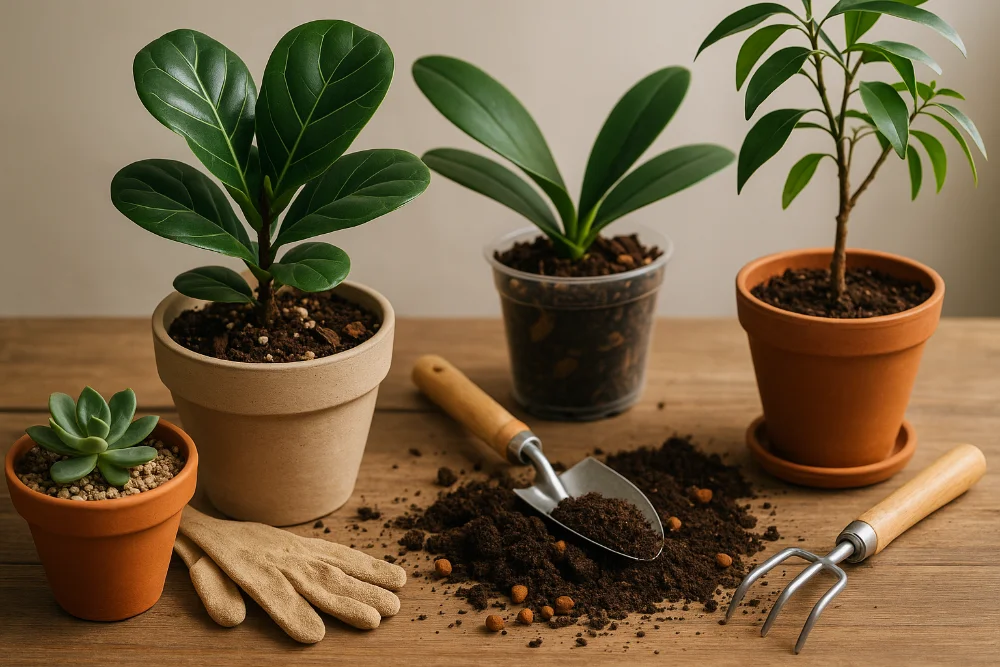 Різновиди кімнатних рослин у горщиках із садовим ґрунтом і інструментами