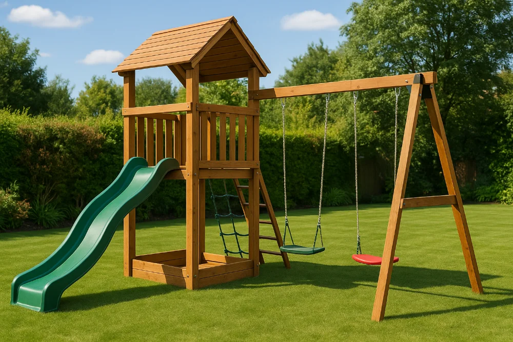 Дерев’яний ігровий комплекс із гіркою, гойдалками і сіткою у дворі