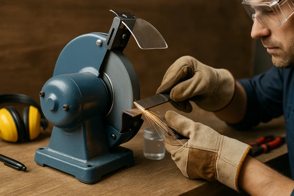 Майстер у захисних окулярах і рукавицях працює з точильним верстатом