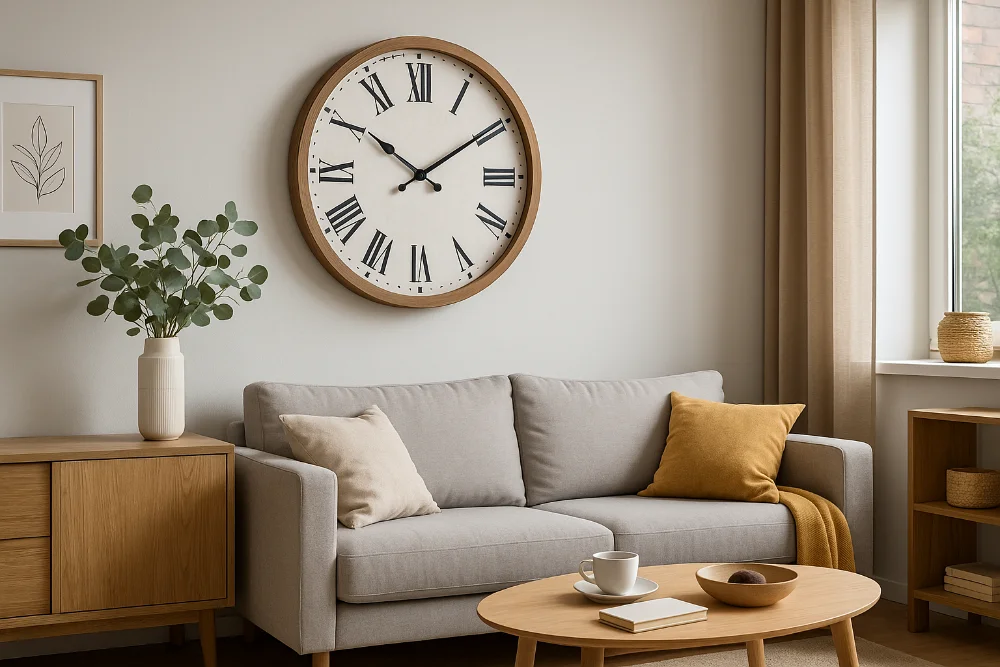 Інтер’єр вітальні з великим настінним годинником і меблями у скандинавському стилі