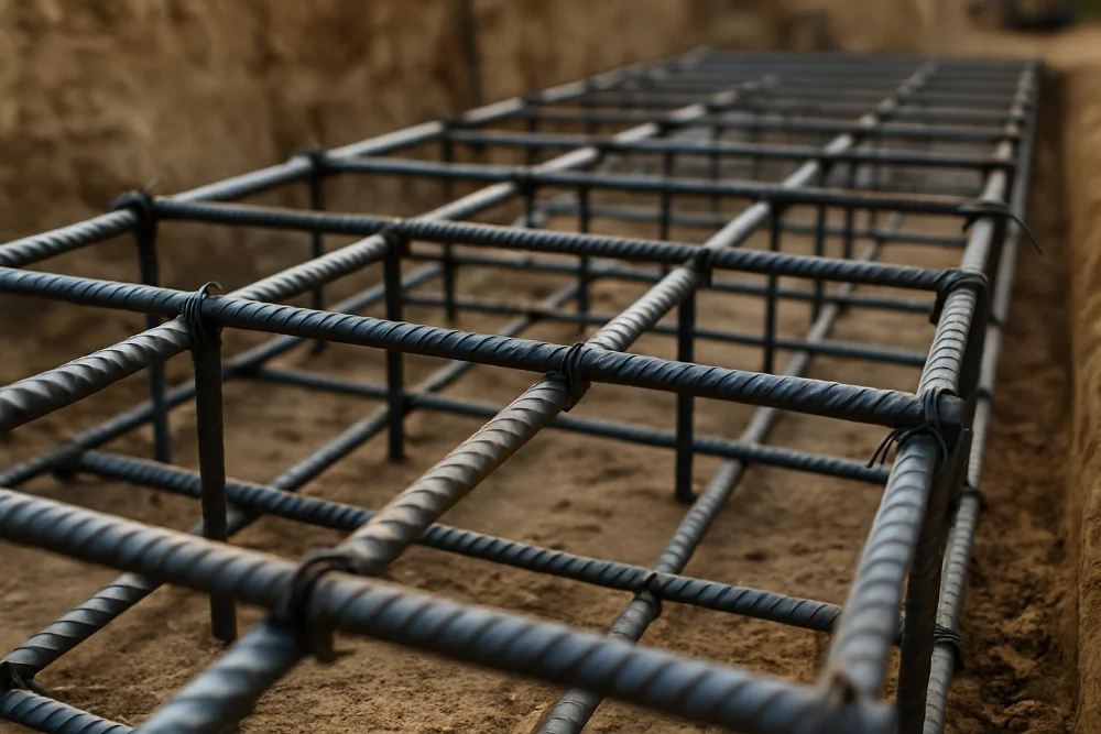 Сталева арматура, пов’язана у каркас для фундаменту на будівельному майданчику