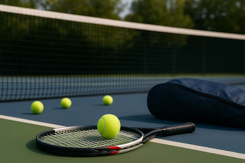 Ракетка з м’ячем на корті біля сітки, поруч тенісна сумка та кілька м’ячів