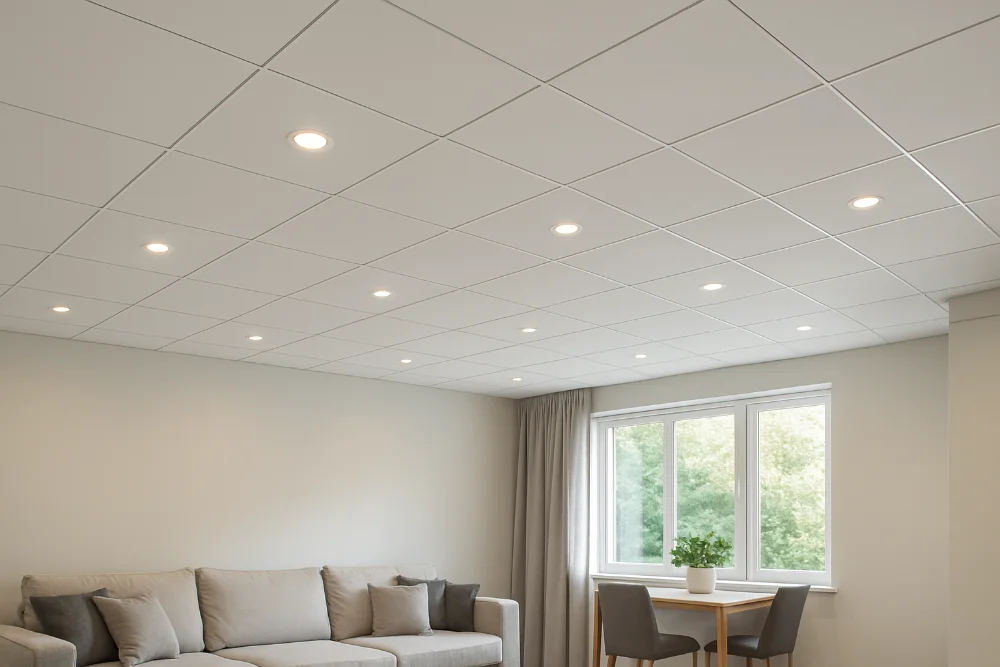 Підвісна стеля з точковим освітленням у світлій квартирі
