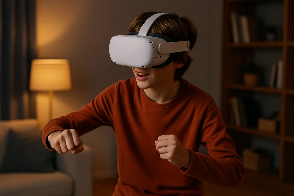 Підліток у VR-гарнітурі активно грає в кімнаті з теплим освітленням