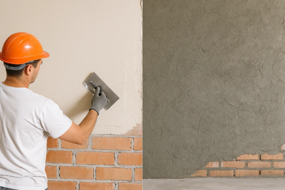 Працівник наносить гіпсову штукатурку поруч із ділянкою цементної штукатурки
