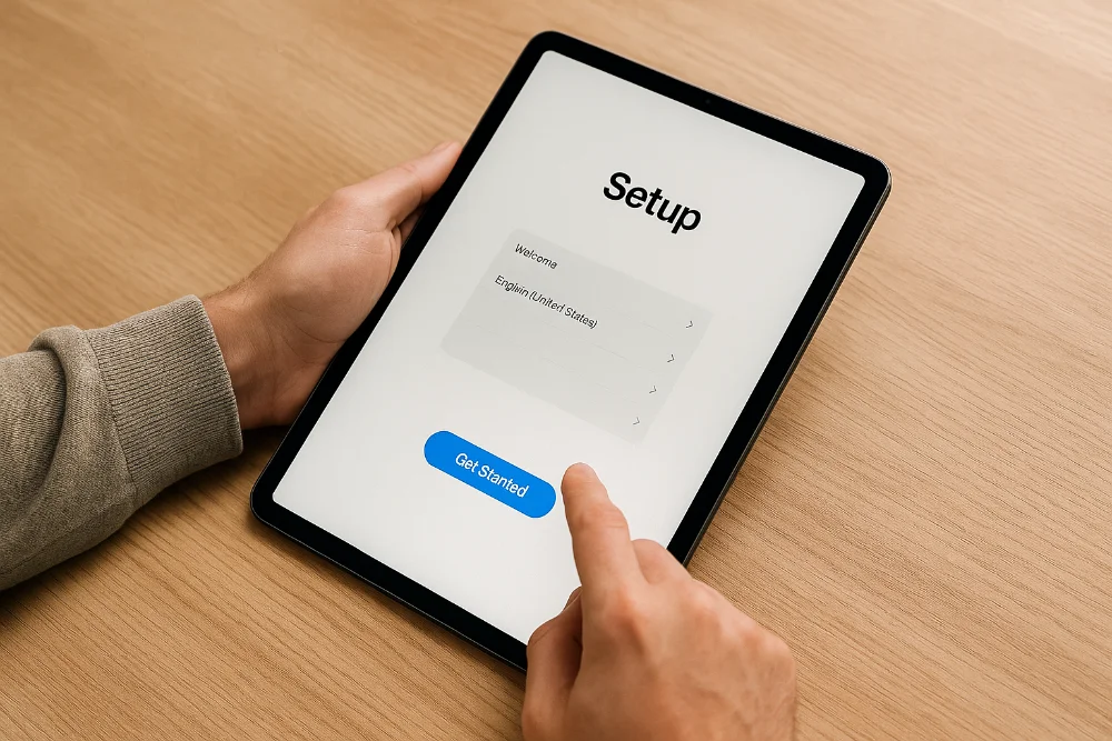 Людина натискає кнопку старту на екрані планшета під час першого запуску