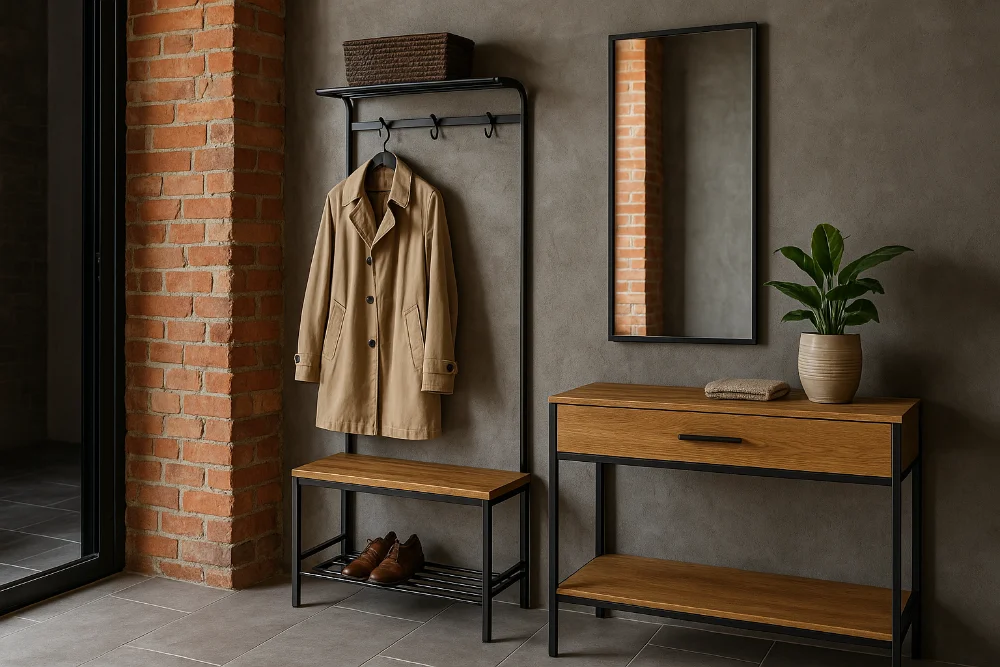 Сучасний передпокій з вішалкою, консольним столом, дзеркалом і рослиною в стилі лофт