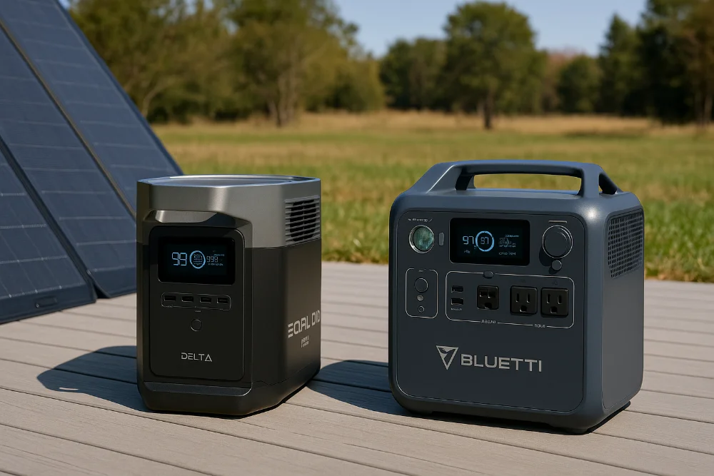 Портативні зарядні станції EcoFlow і Bluetti на терасі з панелями серед поля