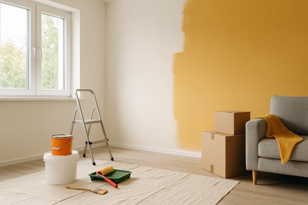 Інтер’єр кімнати під час бюджетного ремонту з фарбою, драбиною та коробками