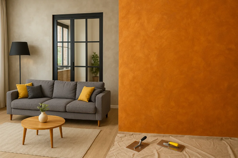 Сучасна вітальня з сірою софою та помаранчевою фактурною стіною
