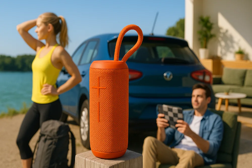 Яскрава колонка на дерев’яному стовпі, на фоні автомобіля, природи та людей