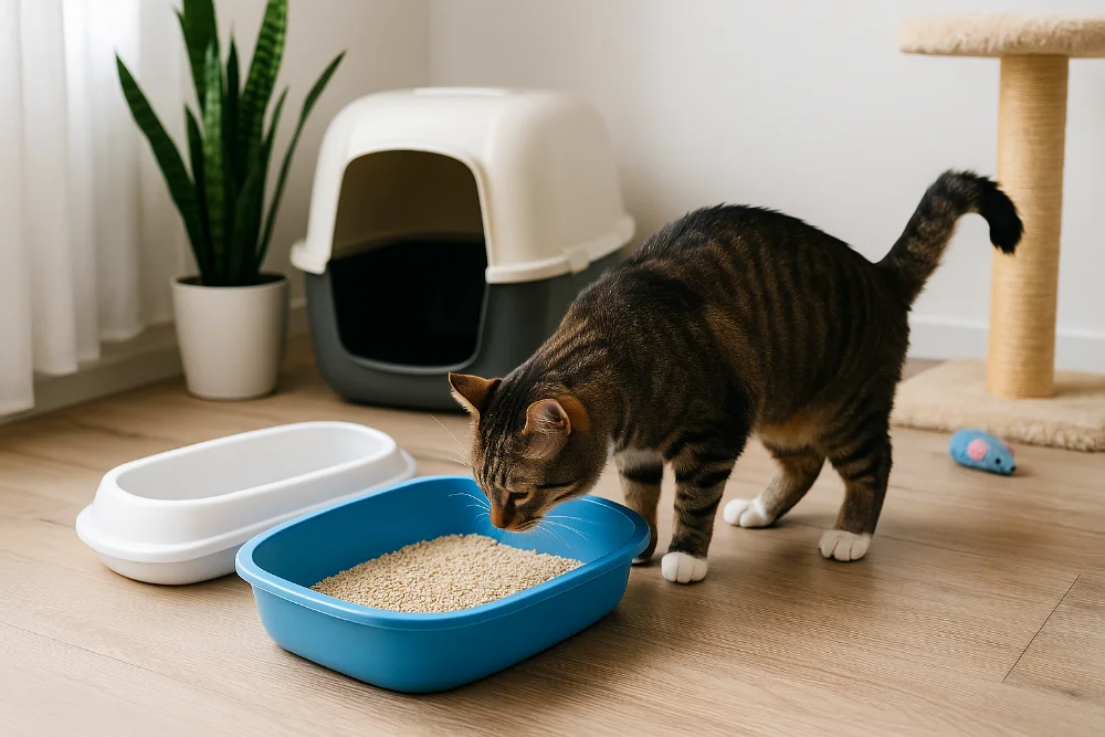 Кіт нюхає лоток з наповнювачем поряд із закритим туалетом, рослиною та іграшкою