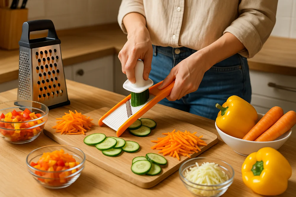 Жінка нарізає огірок овочерізкою, поруч тертка та нарізані овочі на столі