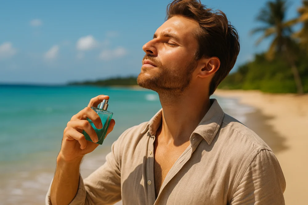Чоловік у лляній сорочці наносить парфуми на пляжі під сонцем