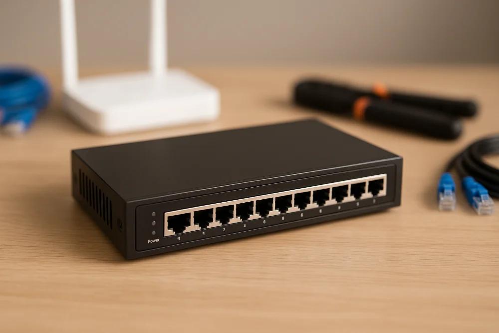 Чорний мережевий комутатор із вісьмома портами на фоні розмитих аксесуарів