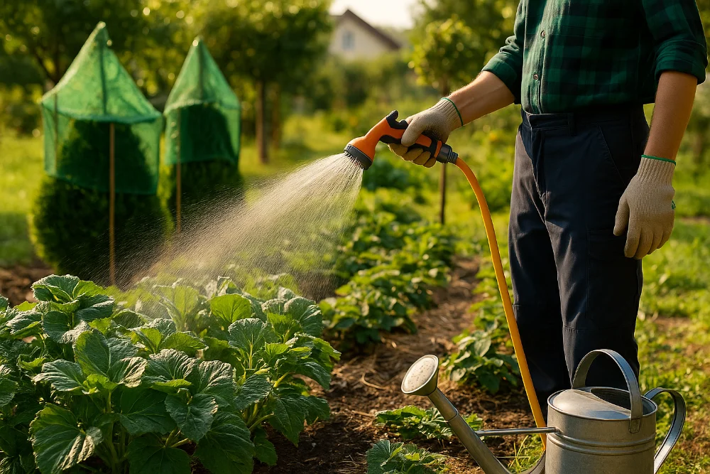 Садівник поливає город улітку, поряд лійка та захищені від сонця кущі